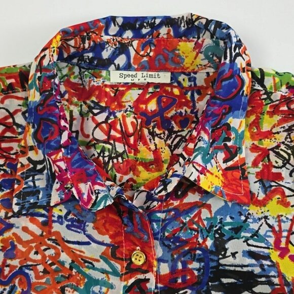 Speed Limit MPH Longline Shirt Multi Color Print Semi Sheer Lightweight Size M/L - Picture 12 of 16